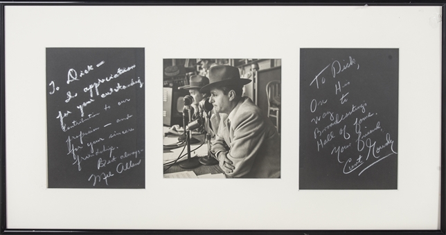 Mel Allen & Curt Gowdy Signed & Inscribed Cuts With Photo In 25x13 Framed Display From Dick Enberg Collection (Letter of Provenance & JSA)
